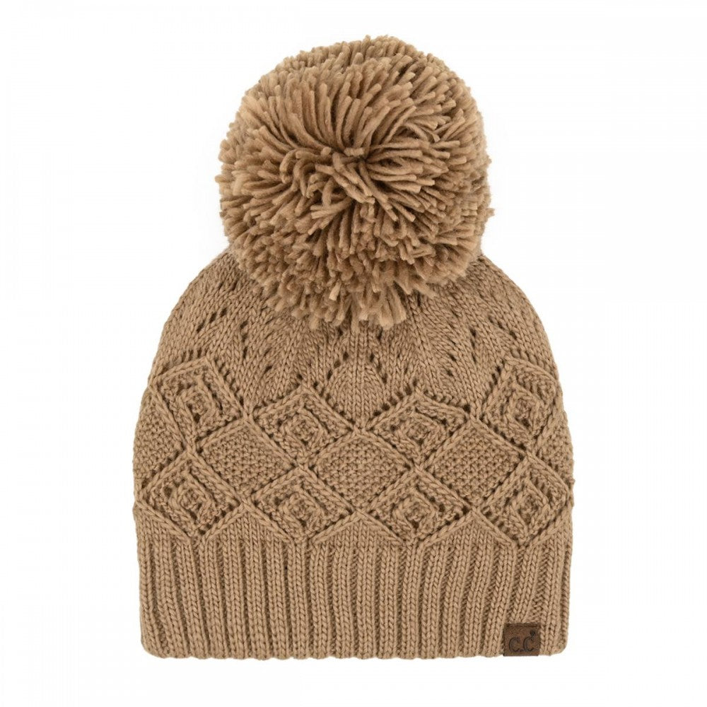 C.C Diamond Lace Pattern Yarn Pom Beanie | Camel