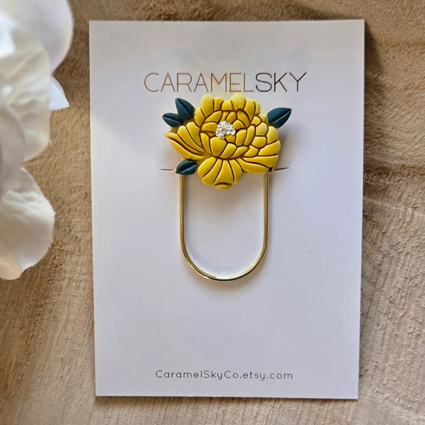 Handmade Peony Flower Paperclip Bookmark | Yellow