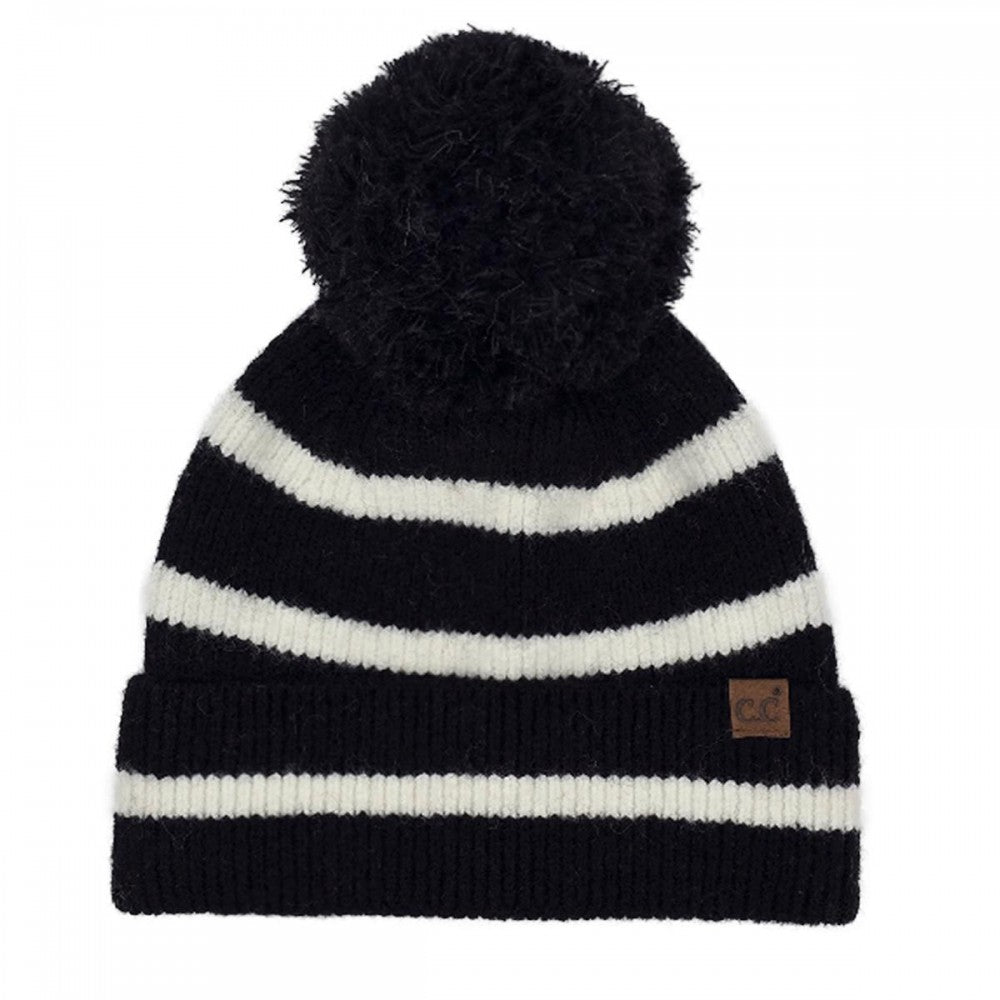 C.C Stripe Yarn Pom Beanie | Black