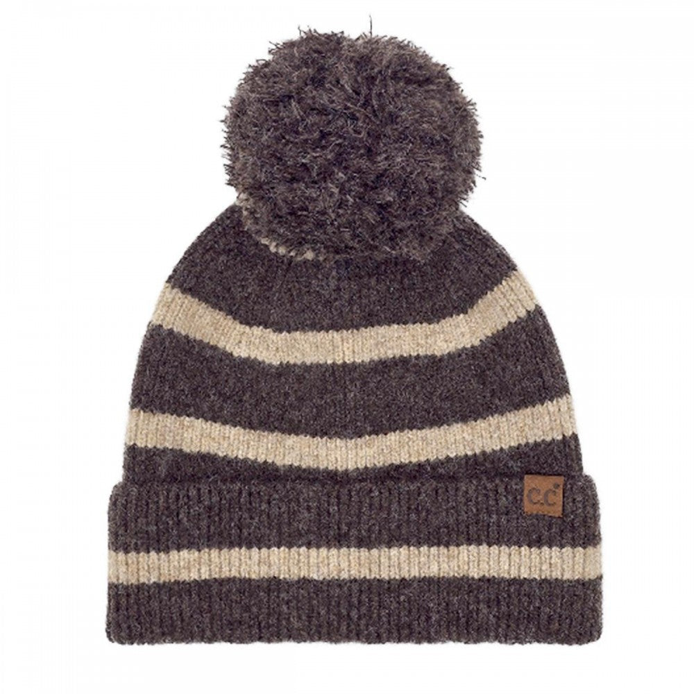 C.C Stripe Yarn Pom Beanie | Brown