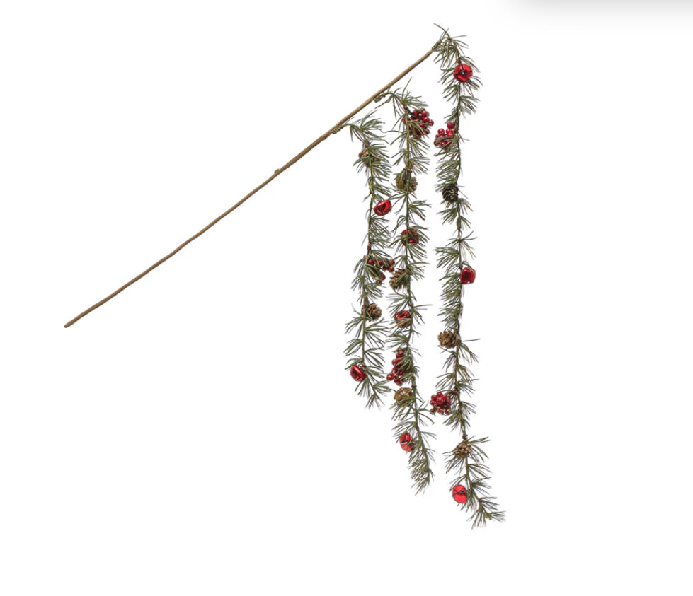 Faux Pine Branch w/ Red Jingle Bells, Berries & Natural Pinecones