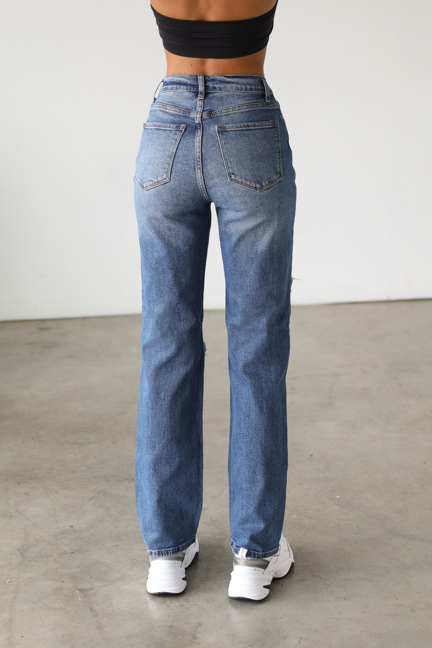 Straight Leg Distressed Denim | Dark Wash
