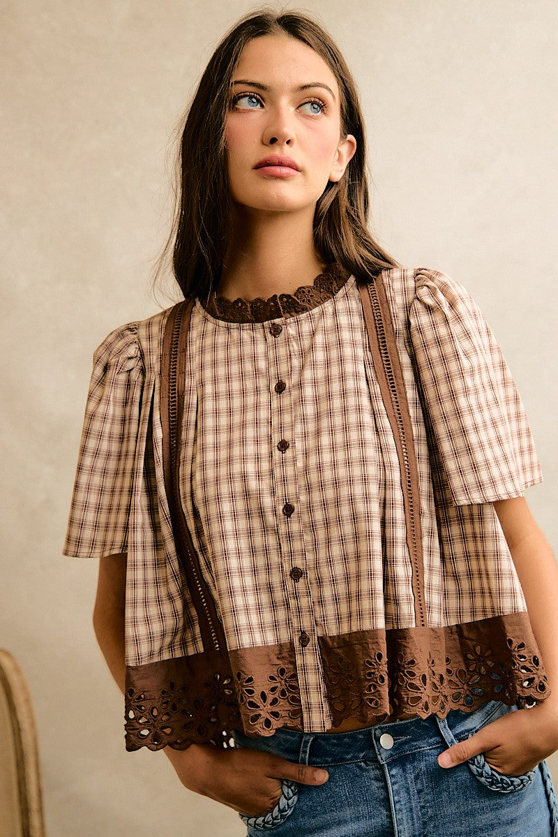 Morgan Checkered Flutter Sleeve Blouse