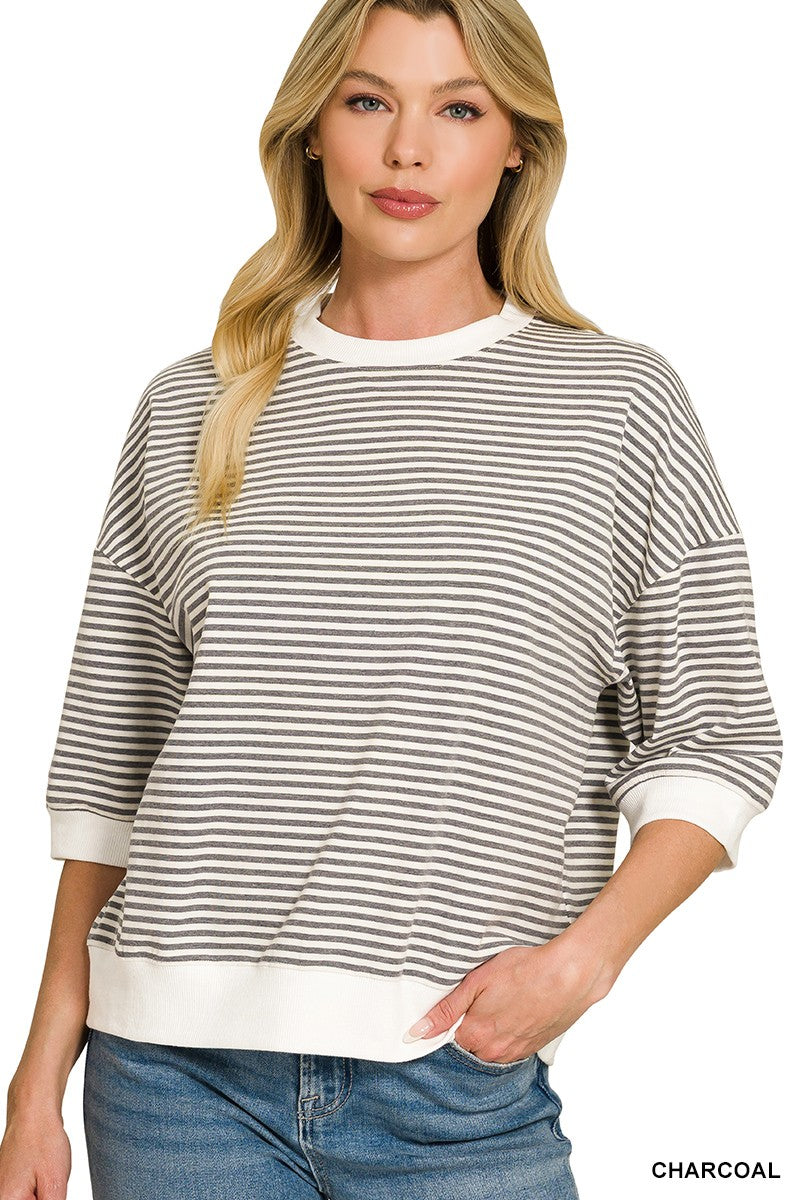 Vivian Striped Contrast Trim Top | Charcoal