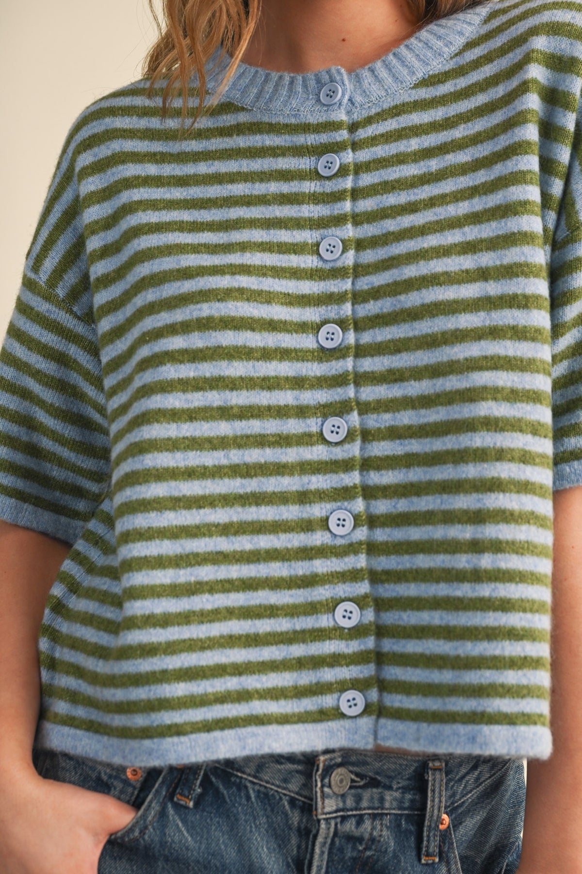Sloane Striped Short Sleeve Cardigan | Sky Blue + Olive