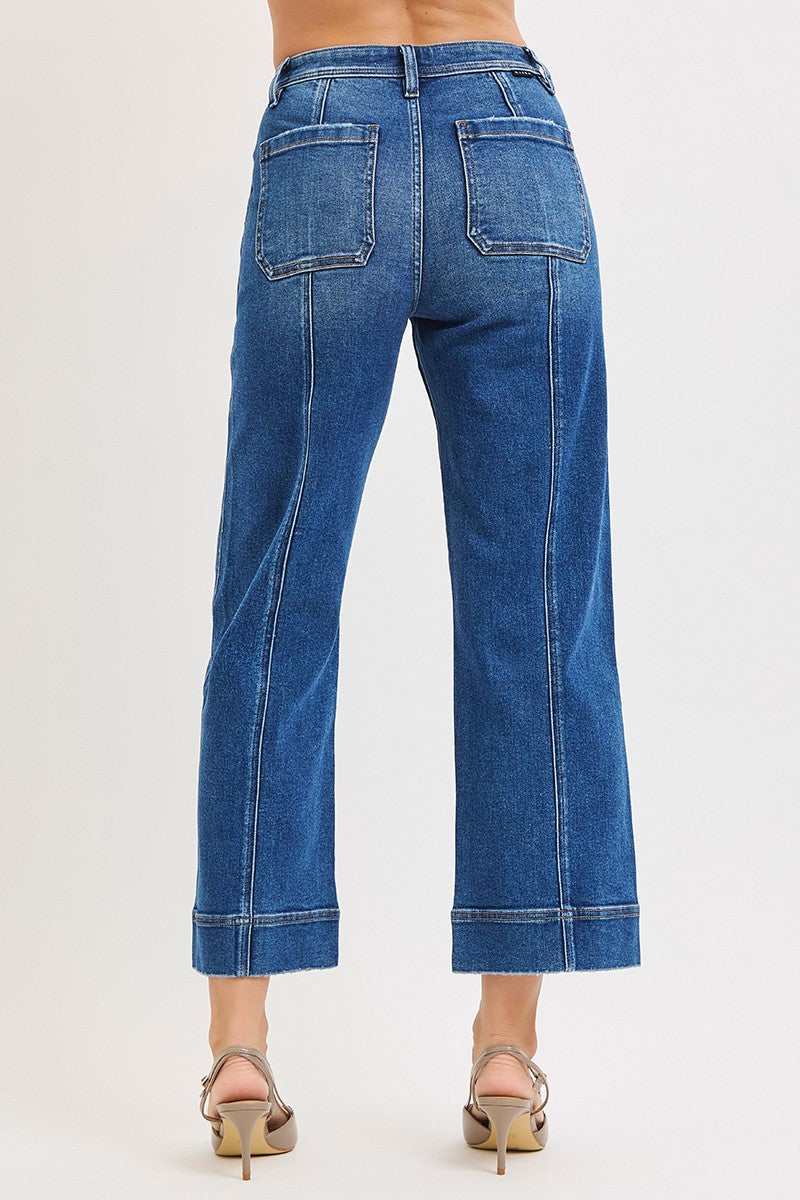 Risen High Rise Crop Straight Front Seam Detailed Jeans | Dark