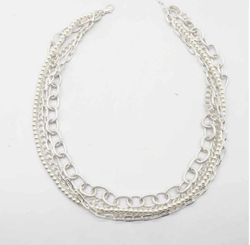 4 Layer Chain Link & Pearl Necklace | Silver