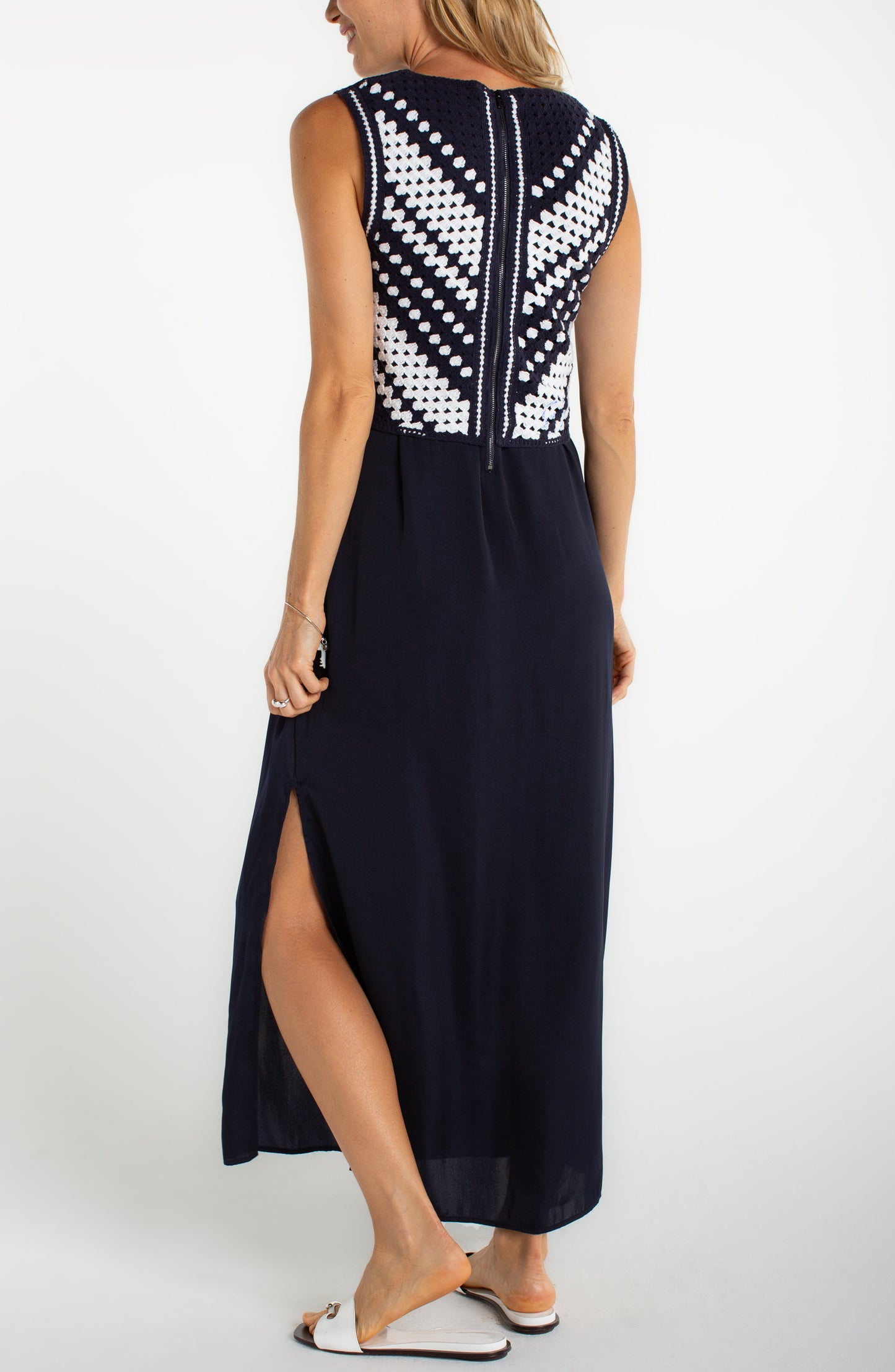 Liverpool Sleeveless V-neck Crochet Woven Dress | Navy + White