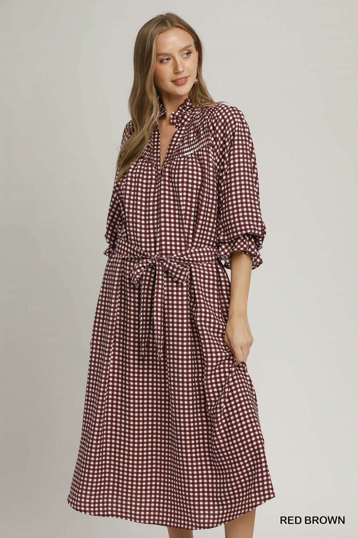 Brooklyn Gingham Tie-Neck Belted Midi Dress
