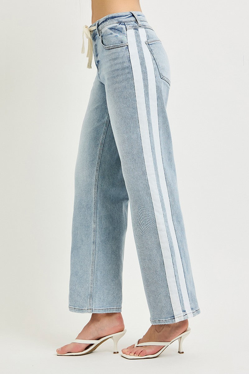 Risen Drawstring Waistband And Side Contrast Strap Denim