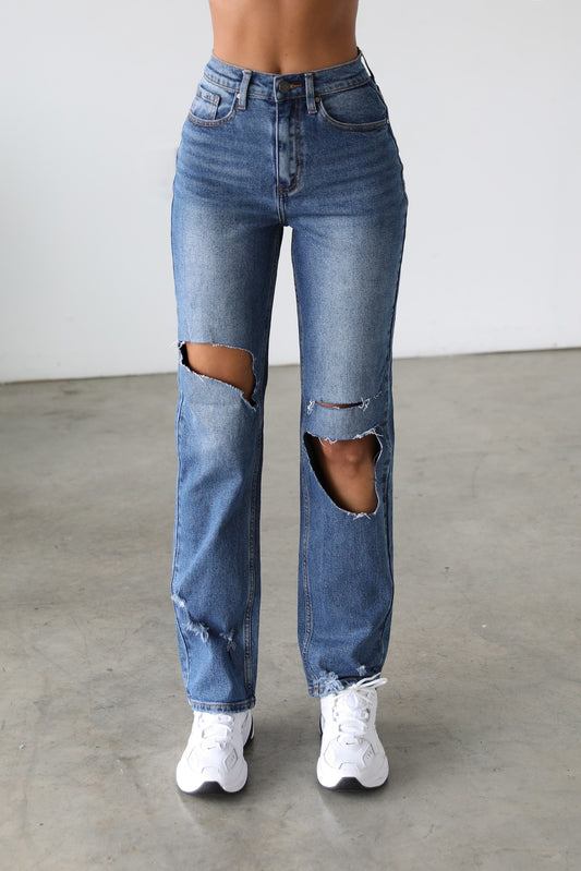 Straight Leg Distressed Denim | Dark Wash
