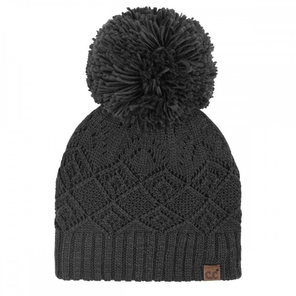 C.C Diamond Lace Pattern Yarn Pom Beanie | Black