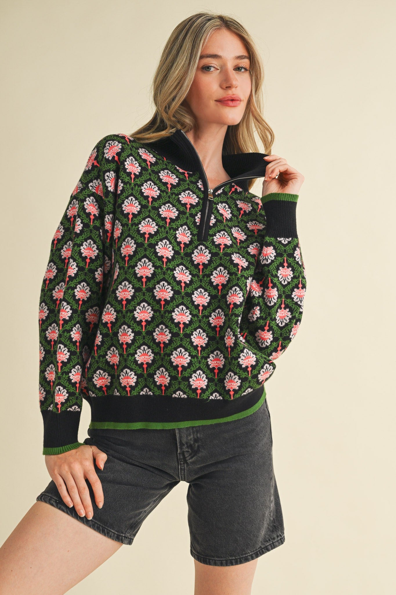 Courtney Floral Half Zip | Black Olive