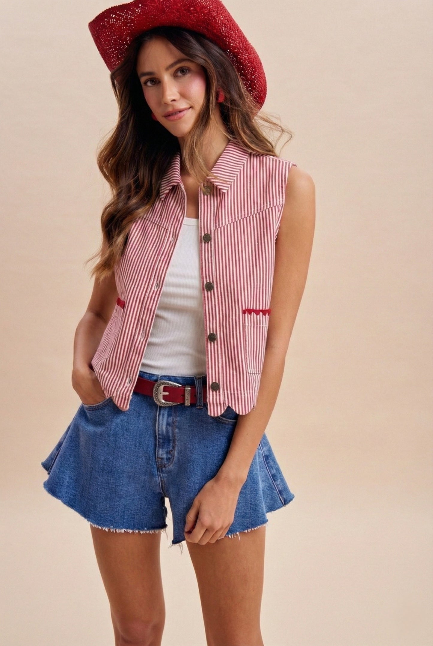 Haley Striped Scallop Vest | Red