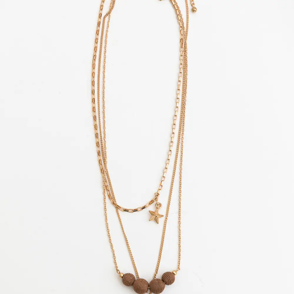 Three Layered Rustic Gold Charmed Necklace