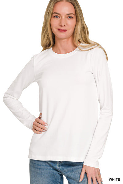 Cotton Crew Neck Long Sleeve Tee | White