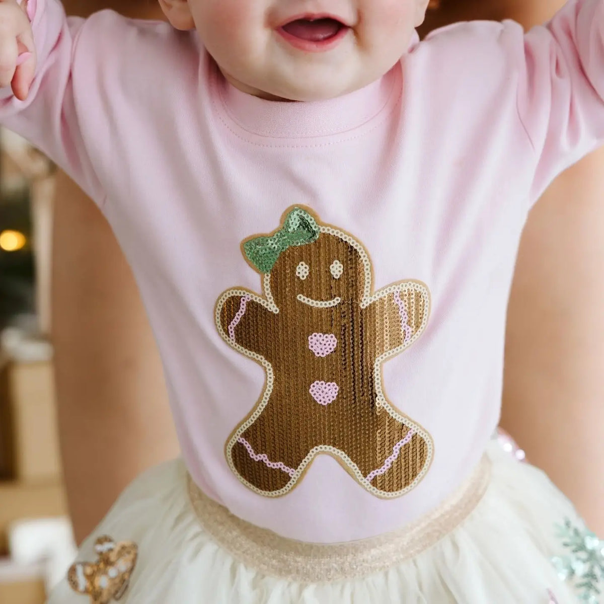 Gingerbread Sequin Patch Long Sleeve Romper