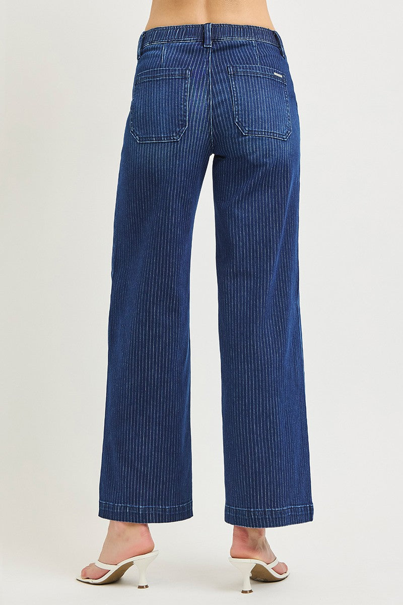 Risen Pinstripe Elastic Drawstring Waist Jeans | Dark