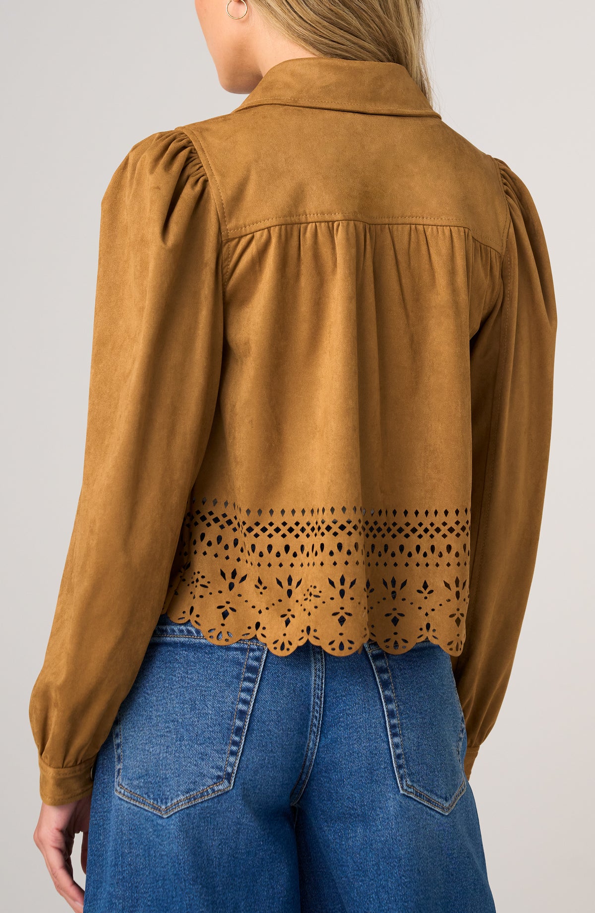 Liverpool Puff Sleeve Jacket W/ Laser Cut Hem | Caramel