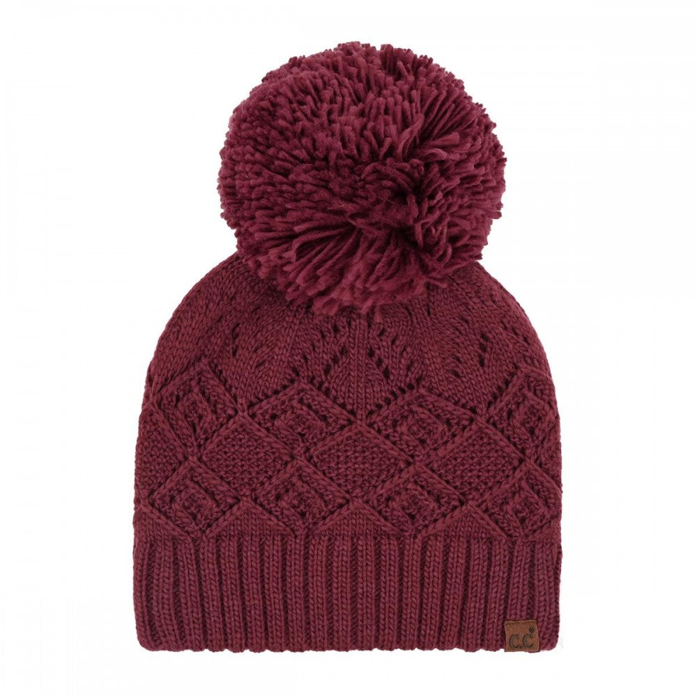 C.C Diamond Lace Pattern Yarn Pom Beanie | Burgundy