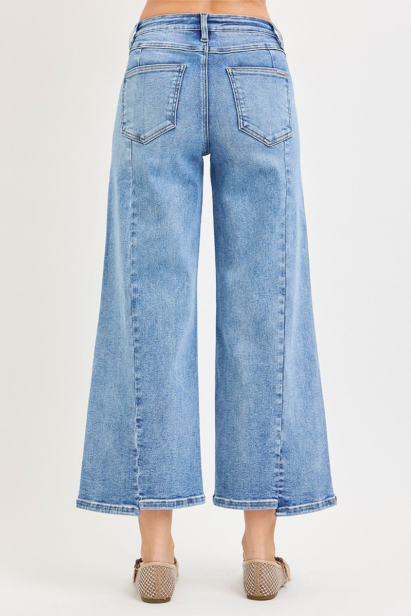 Risen Mid Rise Crop Wide Jeans With Front Step Hem Details | Medium