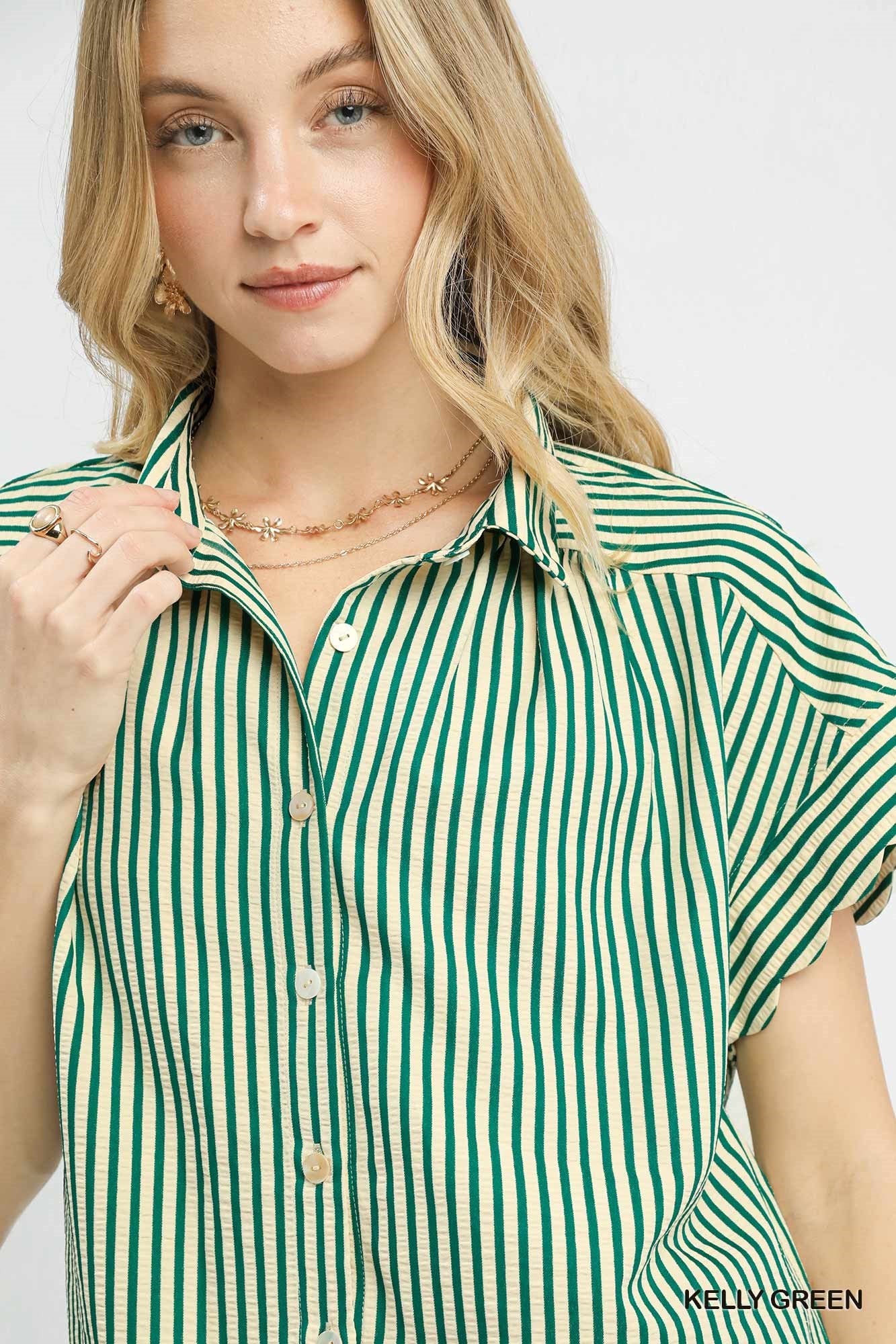 Scarlett Stripe Button Down W/ Scallop Sleeves
