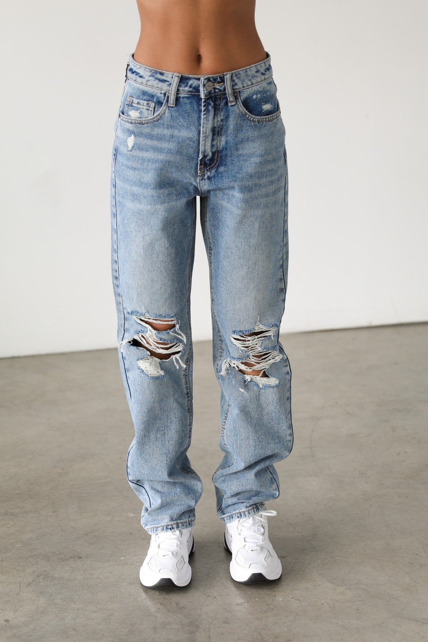 High Rise Straight Leg Distressed Denim | Medium Wash