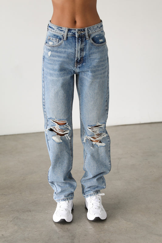 High Rise Straight Leg Distressed Denim | Medium Wash