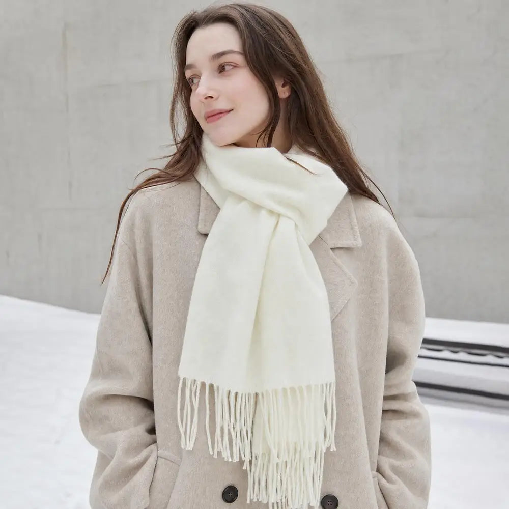 Cashmere Feel Solid Fringe Winter Scarves | White