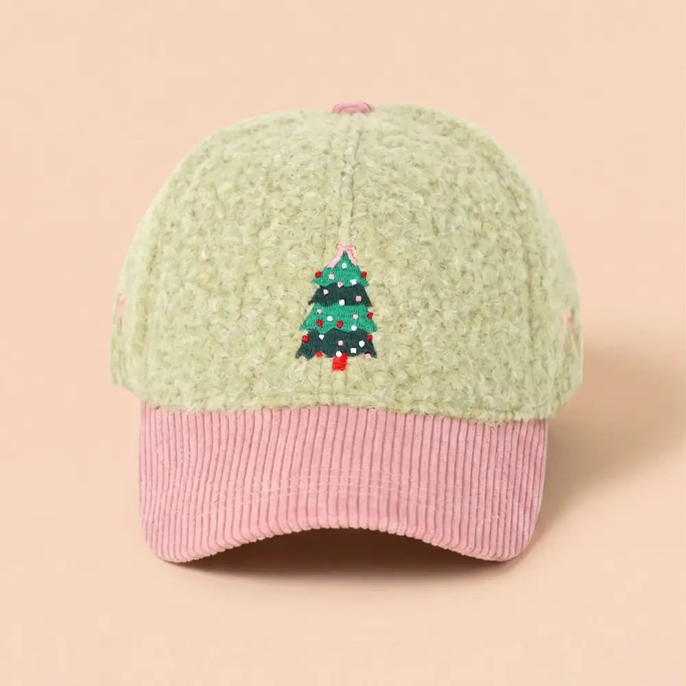 Christmas Tree Embroidered Fuzzy Corduroy Baseball Cap