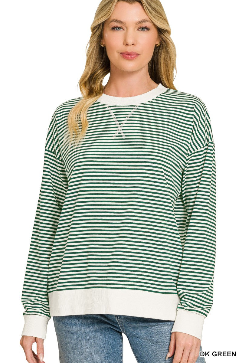 Scarlett Striped Rib Banded Pullover | Dk Green
