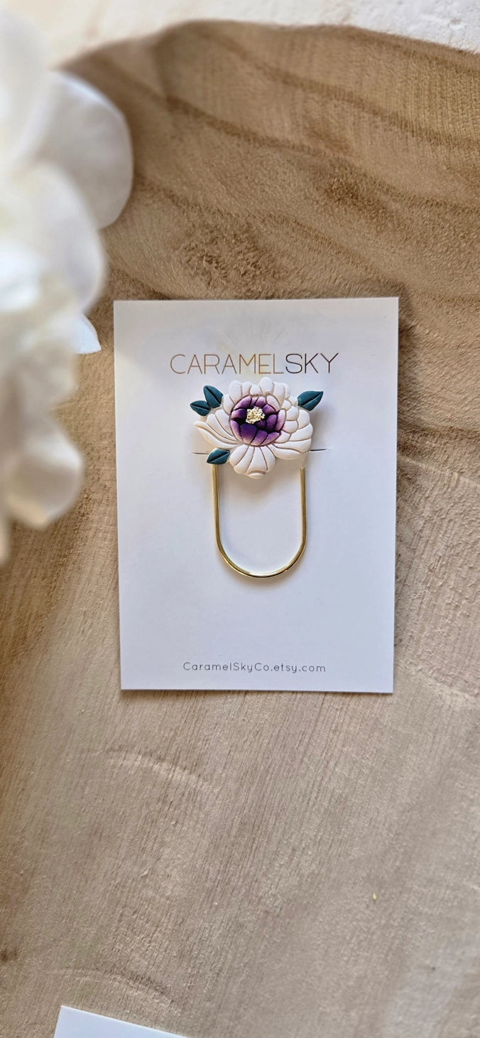Handmade Peony Flower Paperclip Bookmark | White