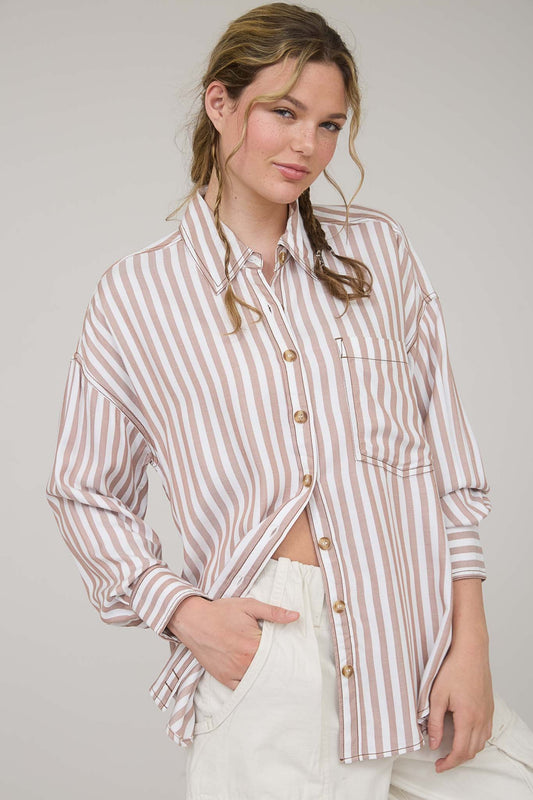 Nina Stripe Collared Top | Brown