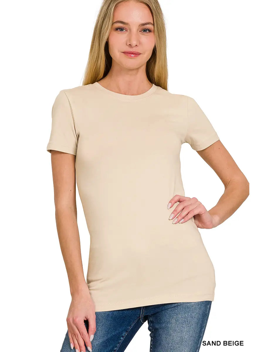 Short Sleeve Crew Neck Cotton Tee | Sand Beige