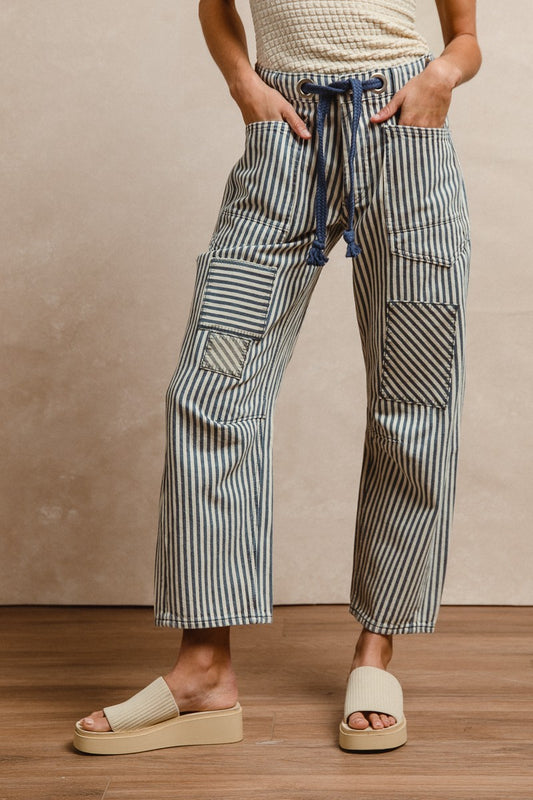 Striped Twill Barrel Pants | Navy