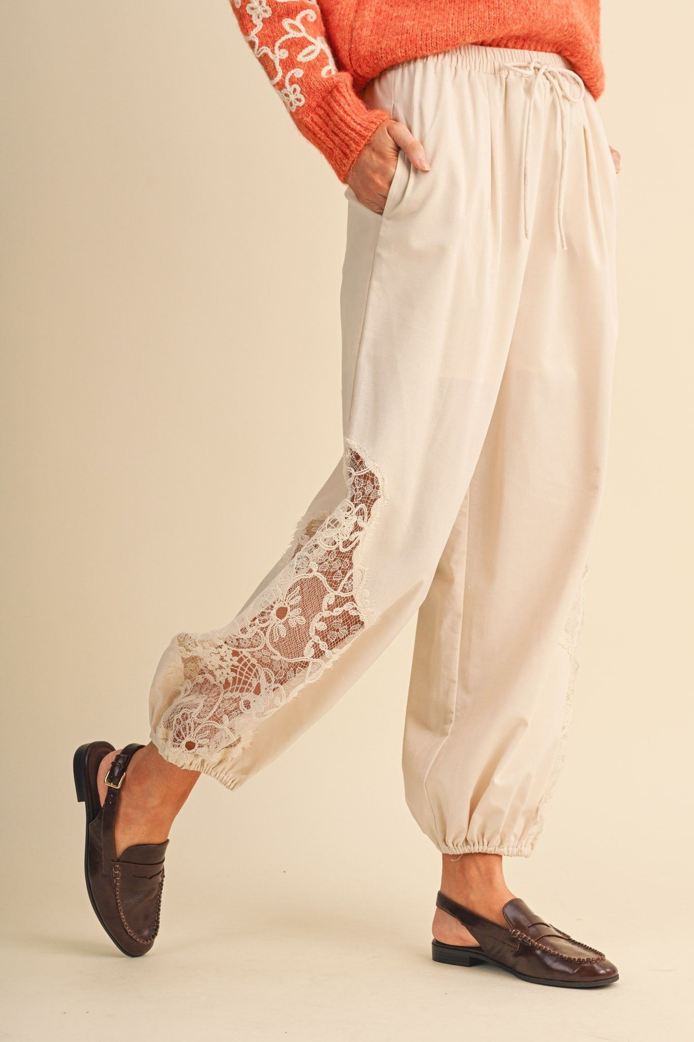Mabel Lace Detail Balloon Pants | Cream