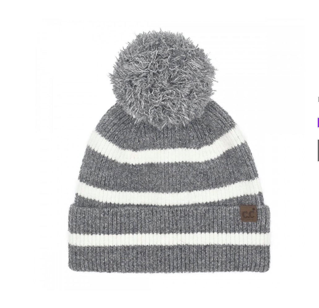 C.C Stripe Yarn Pom Beanie | Grey