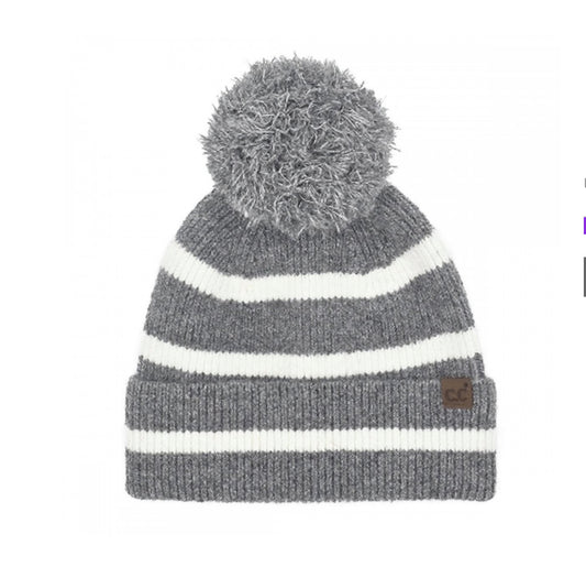 C.C Stripe Yarn Pom Beanie | Grey