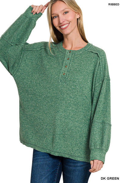 Ally Ribbed Henley Sweater | Dk Green