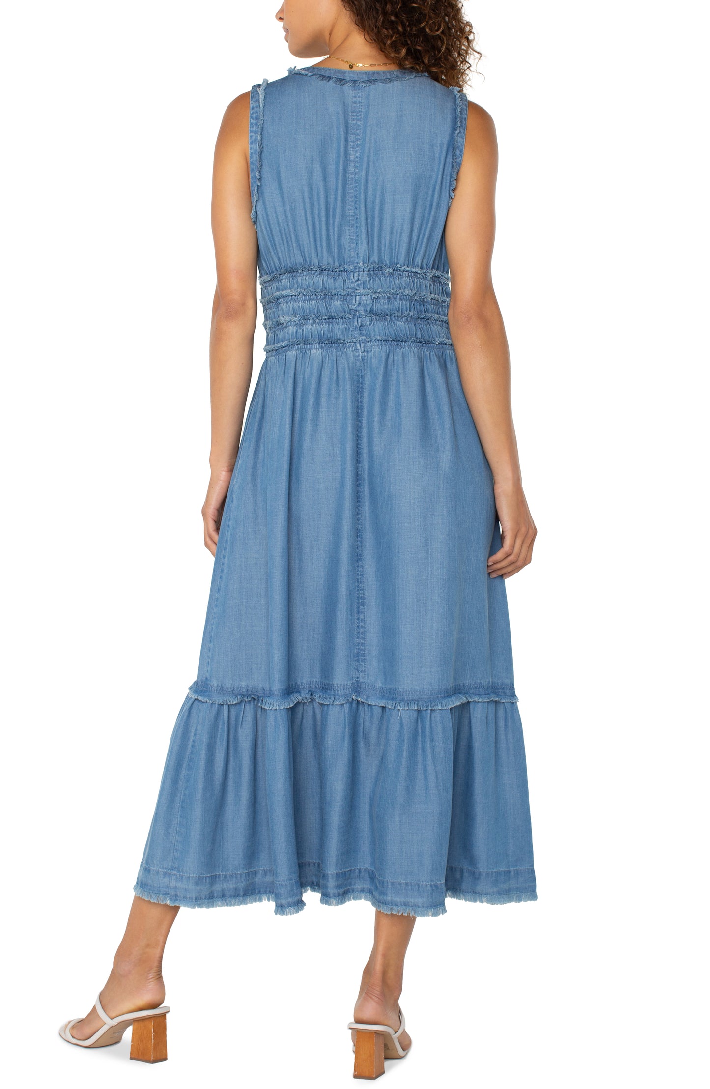 Liverpool Smocked V-Neck Fray Maxi Dress