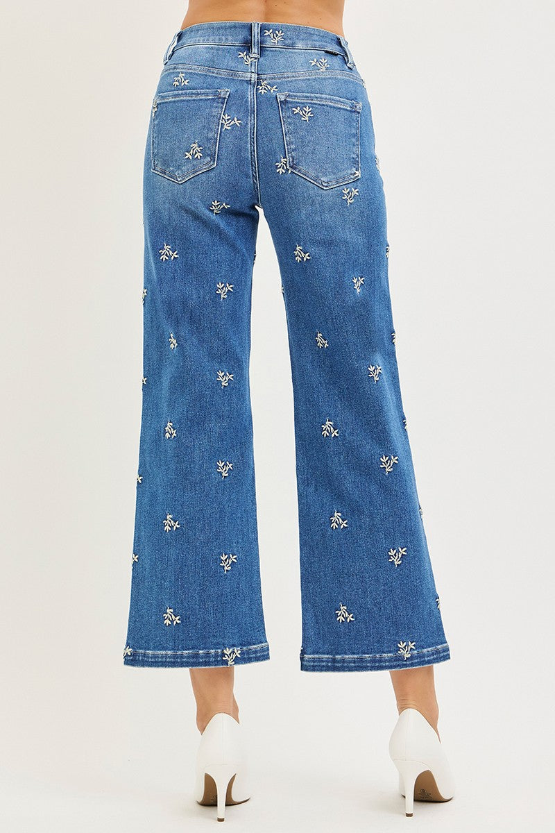Risen Crop Wide Leg Embroidered Jeans