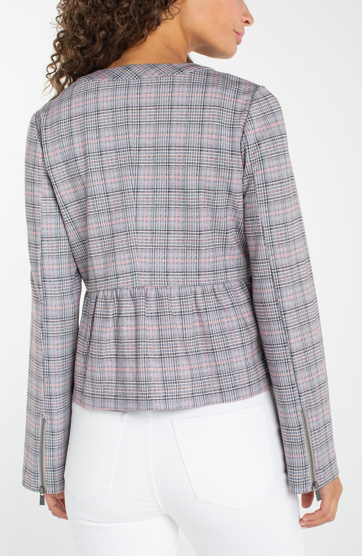 Liverpool Zip Front Peplum Jacket | Grey + Blush Plaid
