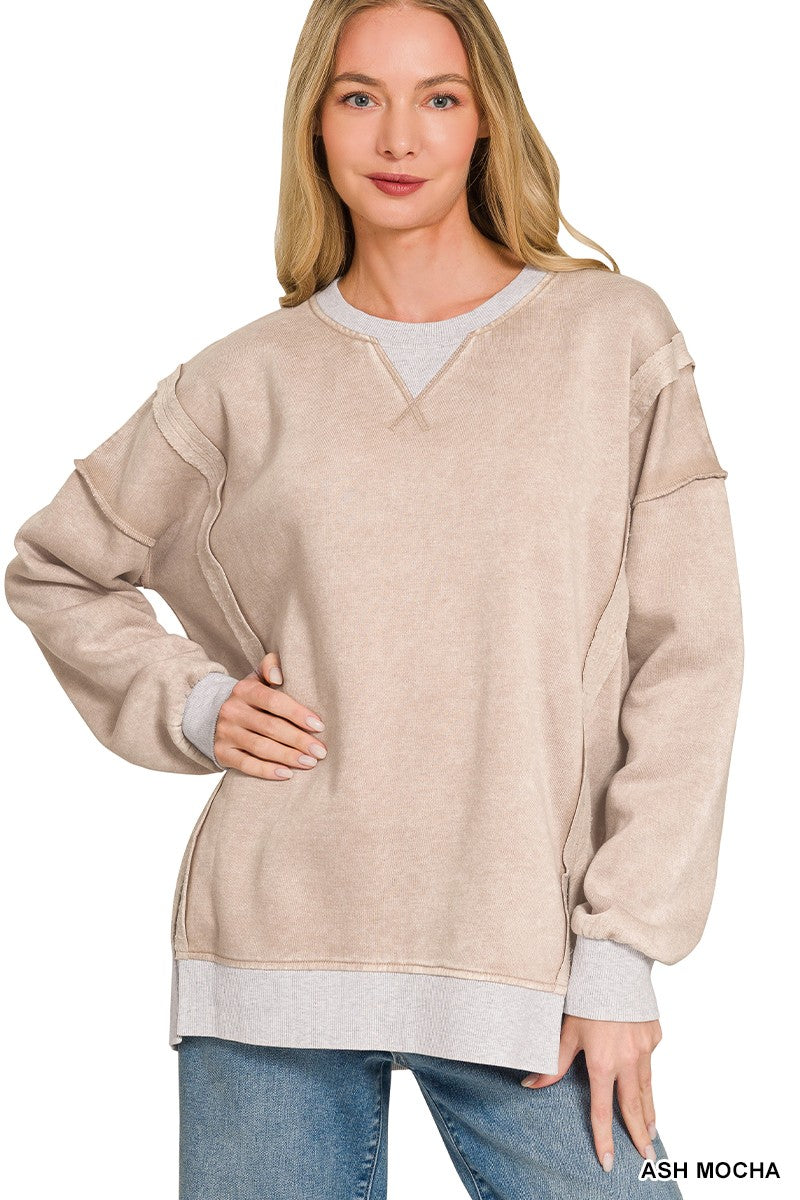 Eva Acid Wash Contrast Trim Pullover | Ash Mocha