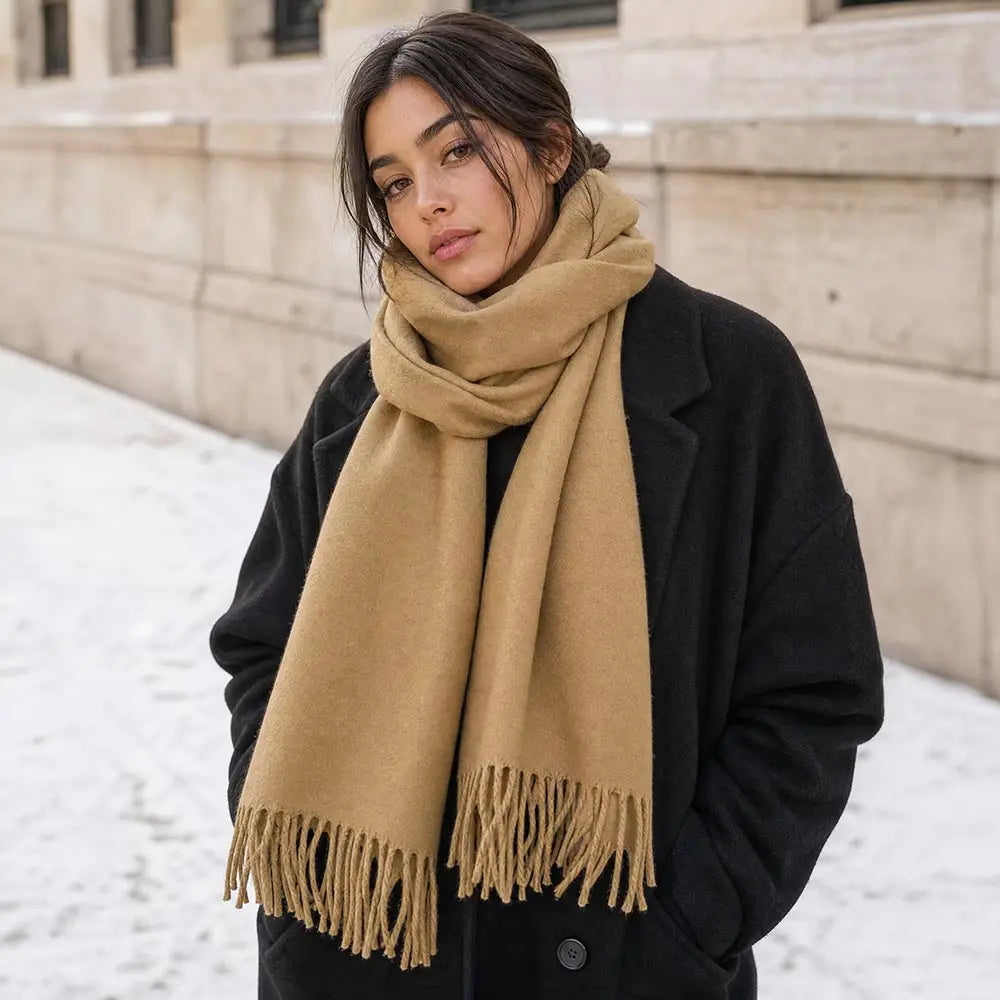 Cashmere Feel Solid Fringe Winter Scarves | Camel