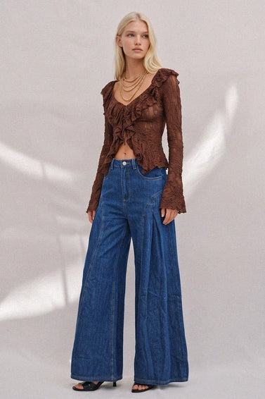 Boho Pleated Wide-Leg Denim Palazzo Pants