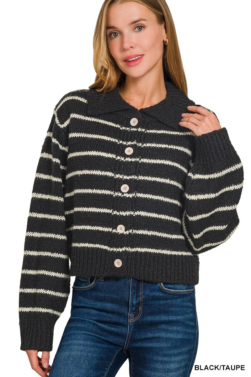 Brielle Striped Collared Cardigan | Black