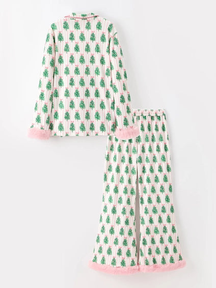 Christmas Tree Print Pajama Set with Fur Trim