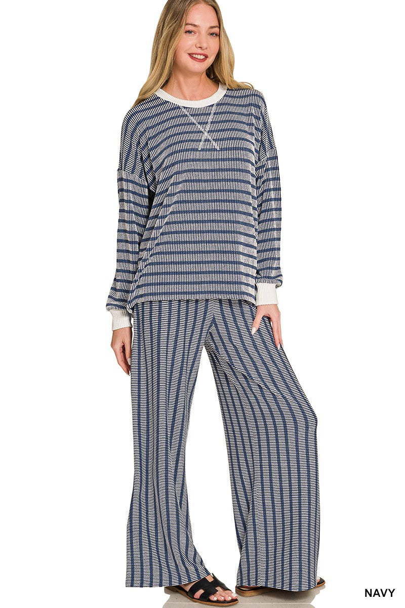 Gianna Raised Rib Striped Pullover + Pants Set | Navy