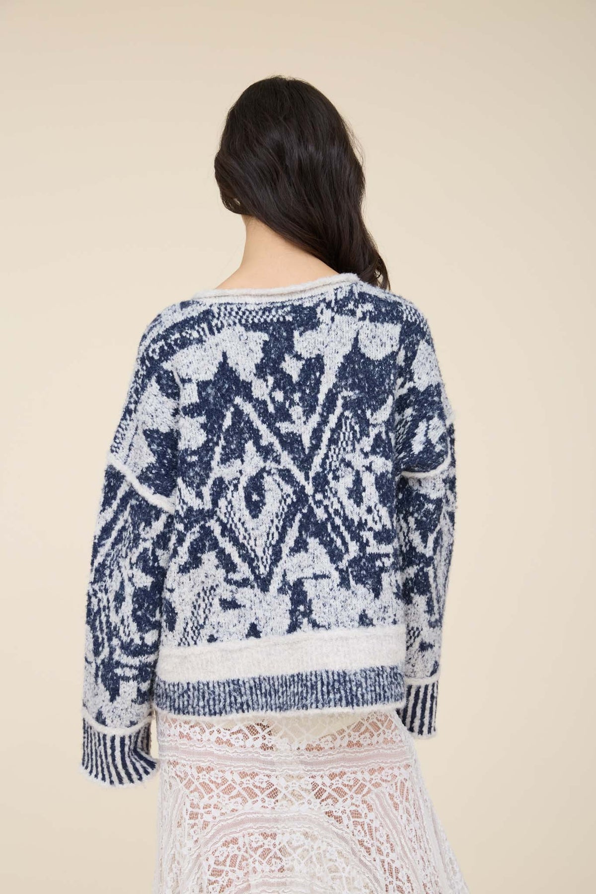 Khloe Heathered Geometric Print Sweater | Navy