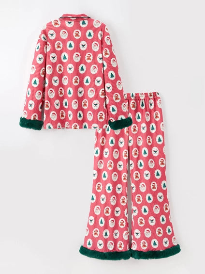 Santa Print Pajama Set with Fur Trim